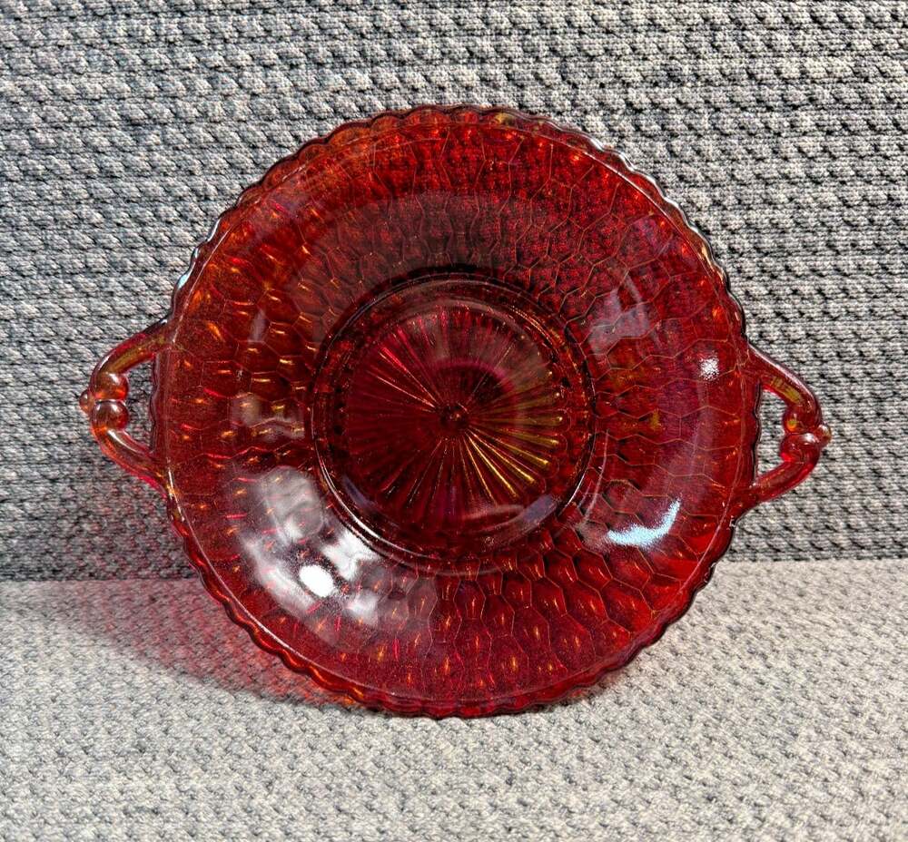 Indiana Glass Ruby Red Flashed Honeycomb 2-Handled Pressed Glass Bowl/Dish